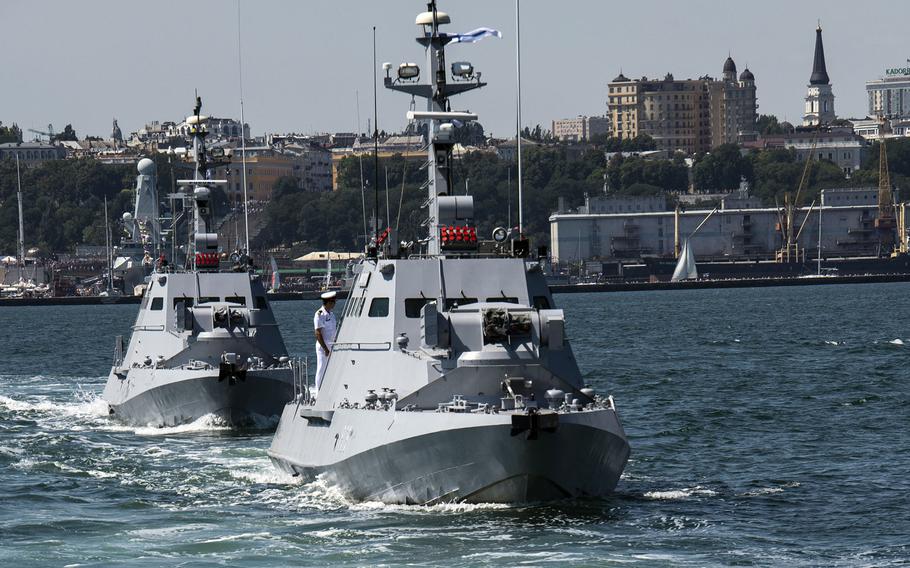 Patrol boats participate in Ukrainian Navy Day, in Odessa, Ukraine,  in July 2019. Ukraine is planning two new naval bases in the Black Sea region, Prime Minister Denys Shmyhal said at NATO headquarters in Brussels, Feb. 9, 2021.

