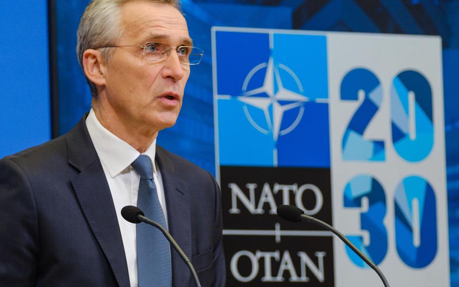 NATO Secretary General Jens Stoltenberg speaks at NATO Headquarters in Brussels, Feb. 15, 2020.