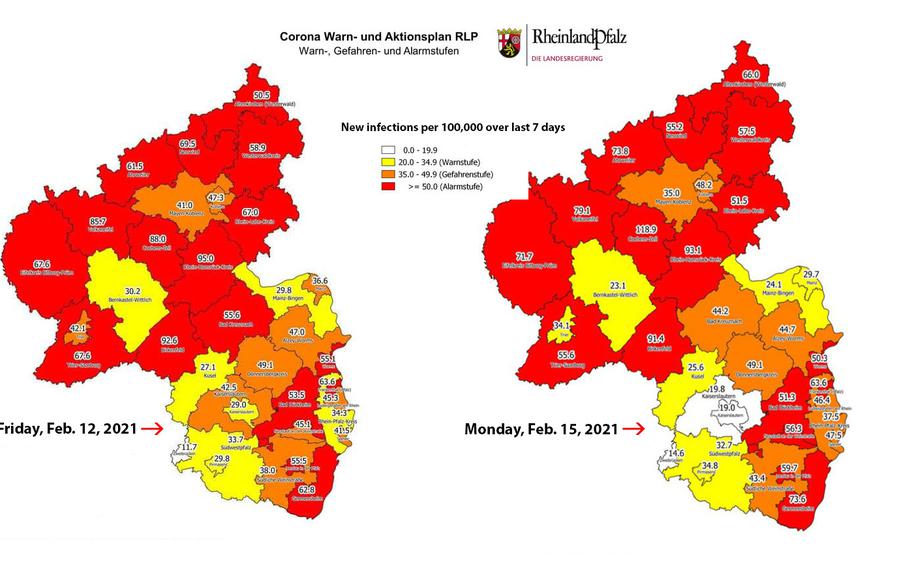 Maps posted online by the state of Rheinland-Pfalz show a sharp fall in the weekly coronavirus incidence between Friday, Feb. 12, 2021 and Monday, Feb. 15, 2021. The incidence in the area, where some 24,000 Americans live, is well below the weekly rate of 35 new cases per 100,000 residents that the federal and state governments set as the target to reach before shops and other small businesses can reopen.

