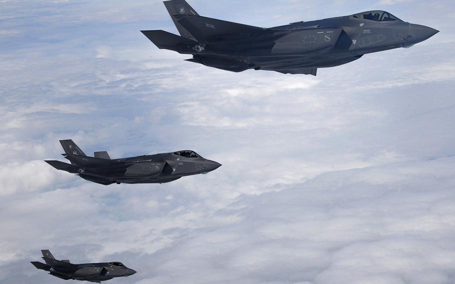 Three F-35A Lightning IIs from the 388th Fighter Squadron, Hill Air Force Base, Utah, fly over England in 2017. 

