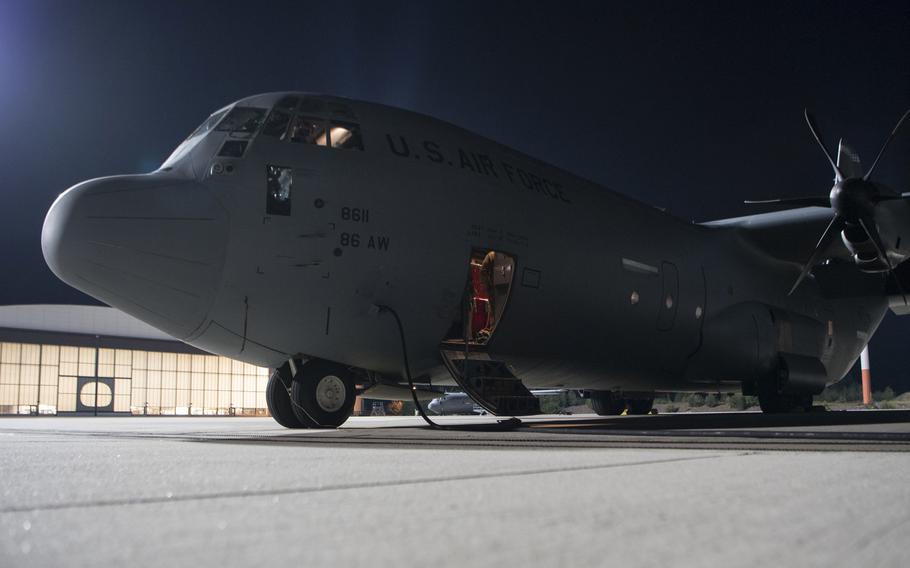 A C-130J Super Hercules aircraft sits on the flight line at Ramstein Air Base, Germany, Sept. 18, 2020. A $21-million accident involving a C-130 Hercules assigned to Ramstein in April was caused by pilot error prior to landing, the Air Force said Feb. 16, 2021.
