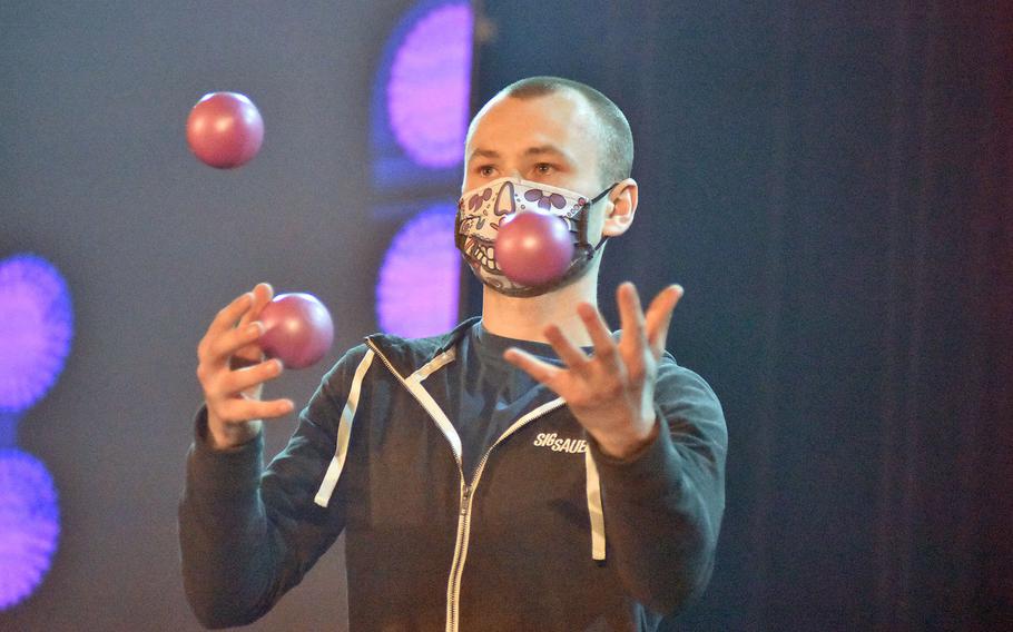 Lucas Tapply has three balls in the air on Tuesday, Feb. 16, 2021, during the initial taping of Aviano's Got Talent at Aviano Air Base, Italy.

