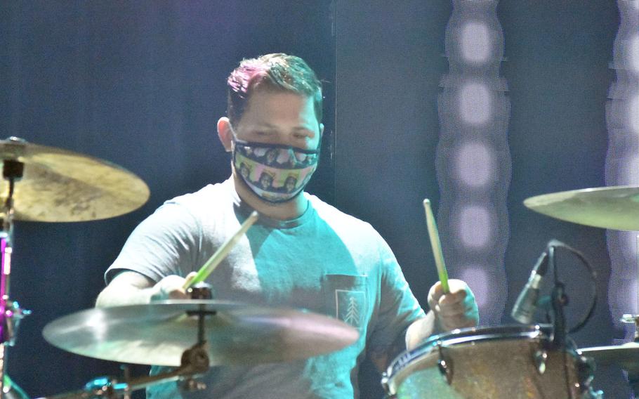 Josh Fay plays the drums during taping Tuesday, Feb. 16, 2021, of the initial installment of Aviano's Got Talent at Aviano Air Base, Italy.

