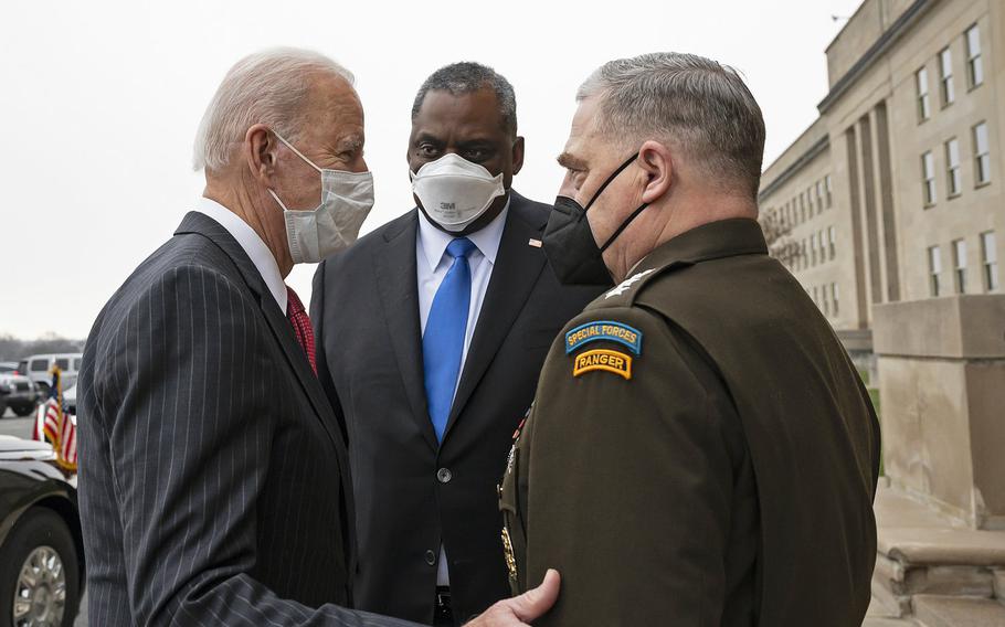 President Joe Biden talks with Defense Secretary Lloyd Austin III and Chairman of the Joint Chiefs of Staff Army Gen. Mark Milley at the Pentagon, Feb. 10, 2021. Austin will participate in his first NATO defense ministerial meeting on Wednesday, Feb. 17.

