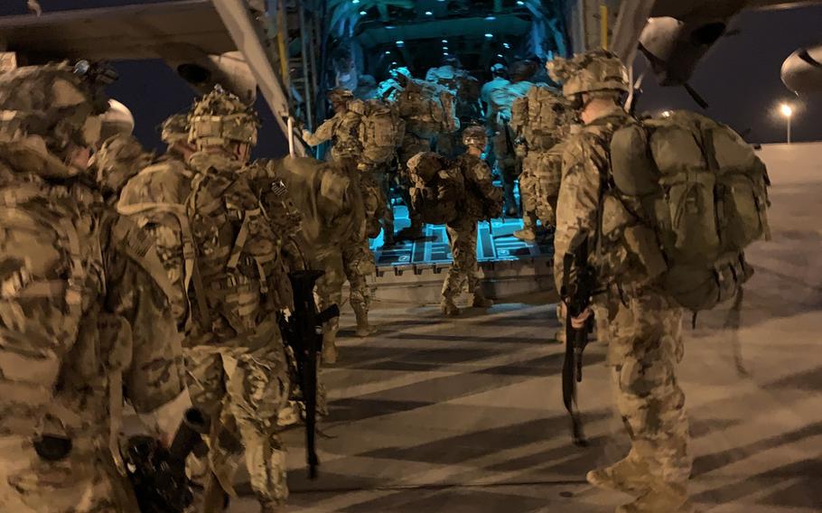 Paratroopers assigned to the 173rd Airborne Brigade, operating in support of the Combined Joint Task Force-Horn of Africa, East Africa Response Force, board a C-130J Hercules, Jan. 20, 2021, in Somalia. 

