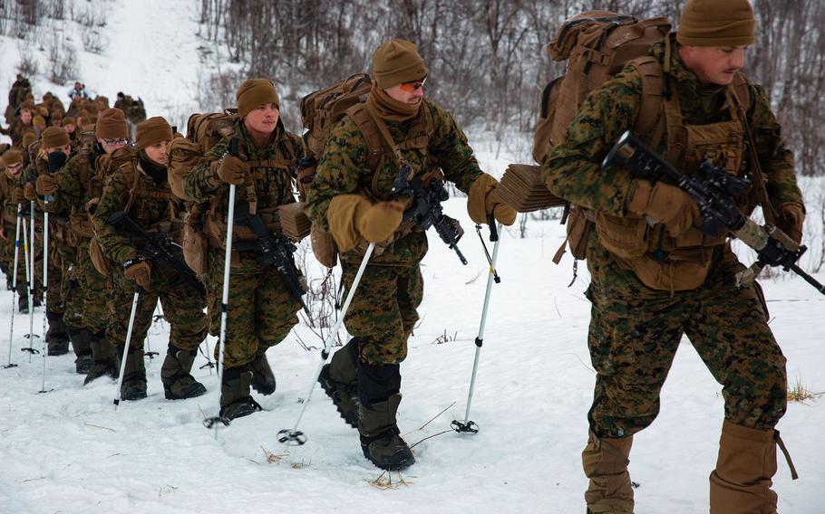 Marines with Marine Rotational Force Europe 21.1 participate in avalanche search and rescue drills in Setermoen, Norway, Feb. 1, 2021. Marines who had traveled to Norway for exercises that were canceled soon after their arrival last month will remain there for training, the service said Feb. 18, 2021.

