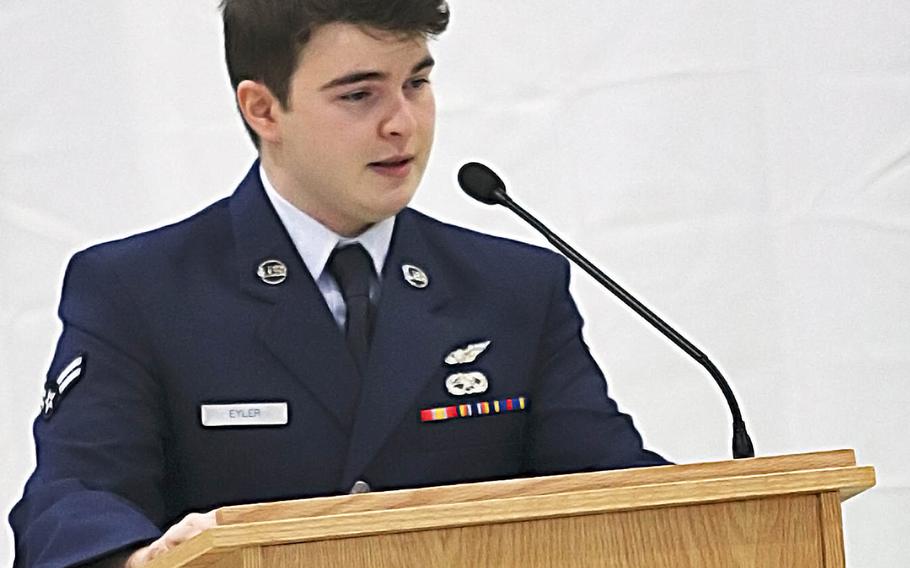 Airman 1st Class James Eyler, a friend and colleague of fallen Tech. Sgt. Michael W. Morris, speaks about his memories with Morris during a ceremony at Aviano Air Base, Italy, Feb. 19, 2021. 
