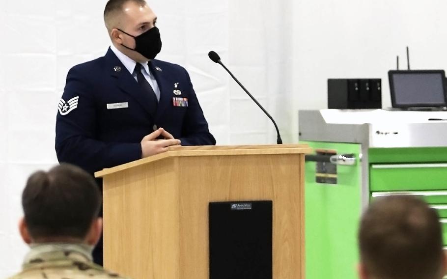 Staff Sgt. Brandon Bainum, a friend and colleague of fallen Tech. Sgt. Michael W. Morris, speaks about his memories with Morris at Aviano Air Base, Italy, Feb. 19, 2021. 

