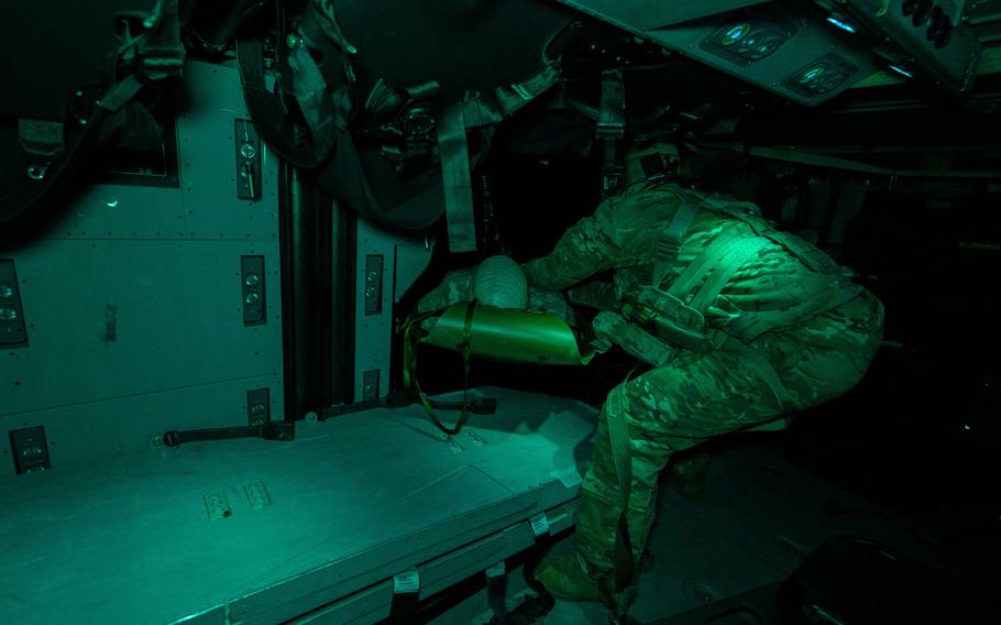 U.S. Army Sgt. Alexander Whitmore of the 101st Combat Aviation Brigade recovers a simulated casualty using the rescue hoist during Combined Resolve XV, Feb. 18, 2021, at Hohenfels Training Area, Germany.

