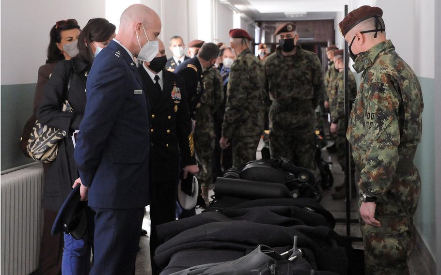 Maj. Gen. David Tabor, left, head of U.S. Special Operations Command Europe, looks at diving equipment during a visit to Serbia this week.
