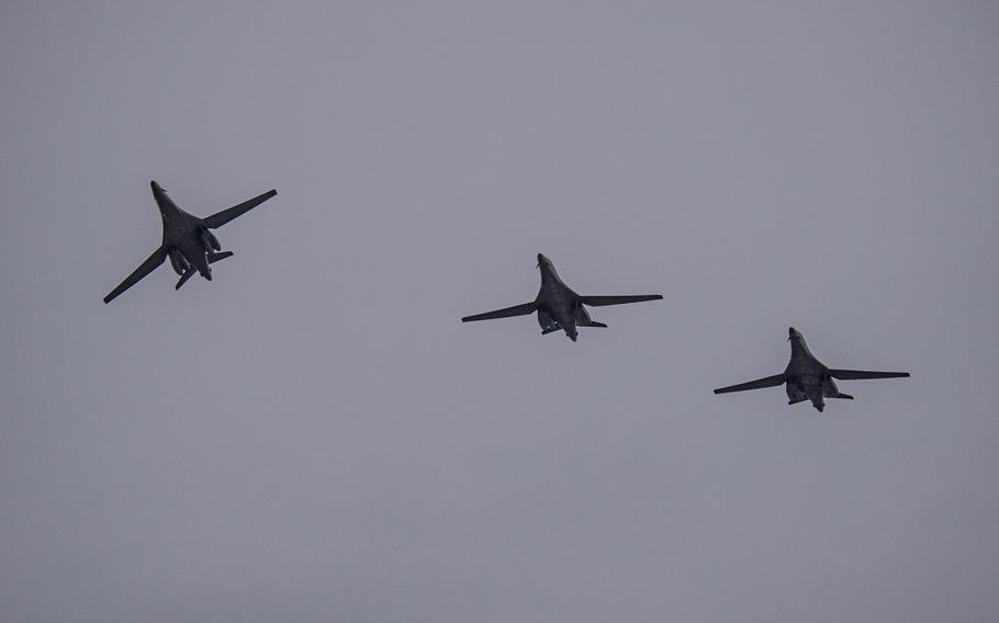 Three B-1B Lancers assigned to the 9th Expeditionary Bomb Squadron fly in formation over Orland Air Station, Norway, in support of a Bomber Task Force deployment, Feb. 22, 2021. 

