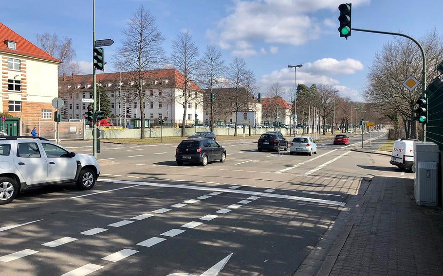 The intersection of Mannheimer Strasse and Daennerstrasse in Kaiserslautern, Germany, where one U.S. soldier was killed and three others injured in a two-car accident March 5, 2021. In the background is the U.S. Army's Daenner Kaserne.

