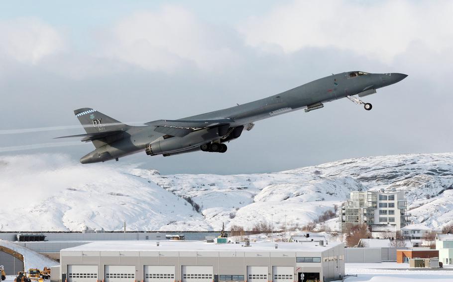 A U.S. Air Force B-1B Lancer takes off from Bodo Air Base, Norway. March 8, 2021 marked the first time a B-1 landed above the Arctic Circle.

