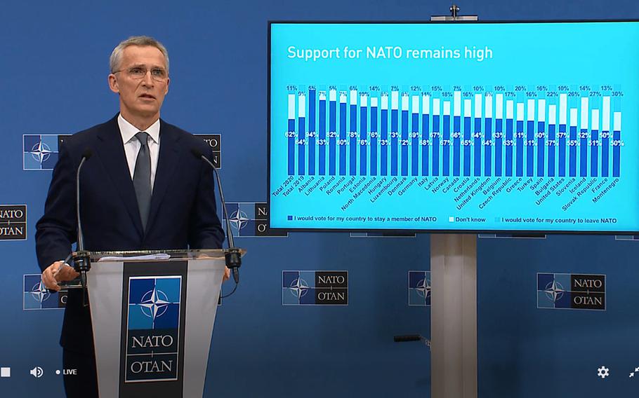 A screenshot of NATO Secretary-General Jens Stoltenberg, March 16, 2021, during the release of the alliance's 2020 annual report. It included a poll commissioned by NATO on attitudes toward the 30-member security pact.