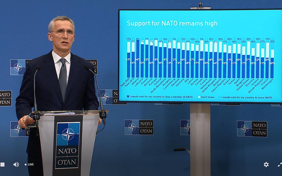 A screenshot of NATO Secretary-General Jens Stoltenberg, March 16, 2021, during the release of the alliance's 2020 annual report. It included a poll commissioned by NATO on attitudes toward the 30-member security pact. 
