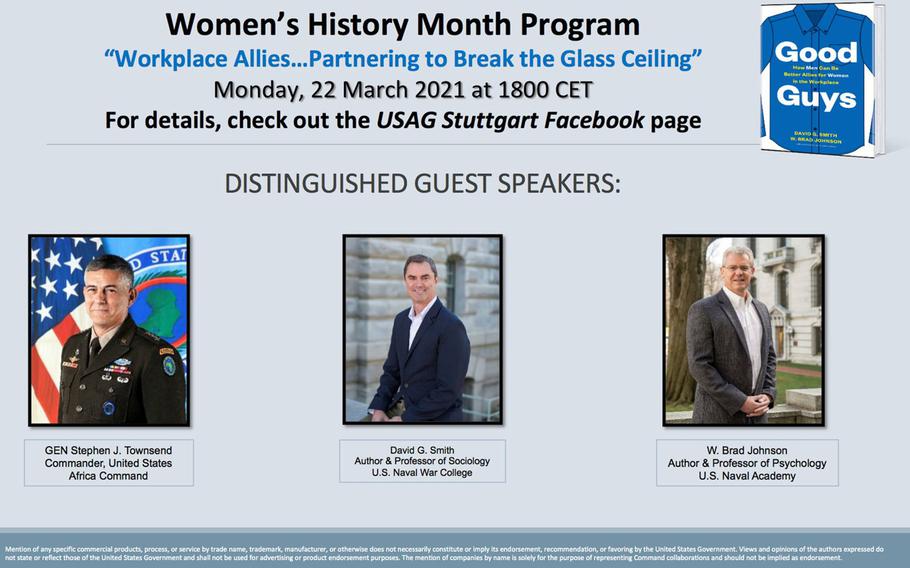 A poster featuring three male speakers for a Women's History Month program at U.S. Army Garrison Stuttgart drew criticism from community members and an apology from the garrison's commander. The program is also scheduled to include senior female officials.