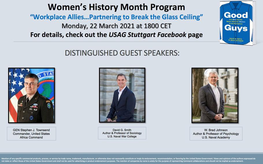 A poster featuring three male speakers for a Women's History Month program at U.S. Army Garrison Stuttgart drew criticism from community members and an apology from the garrison's commander. The program is also scheduled to include senior female officials.
