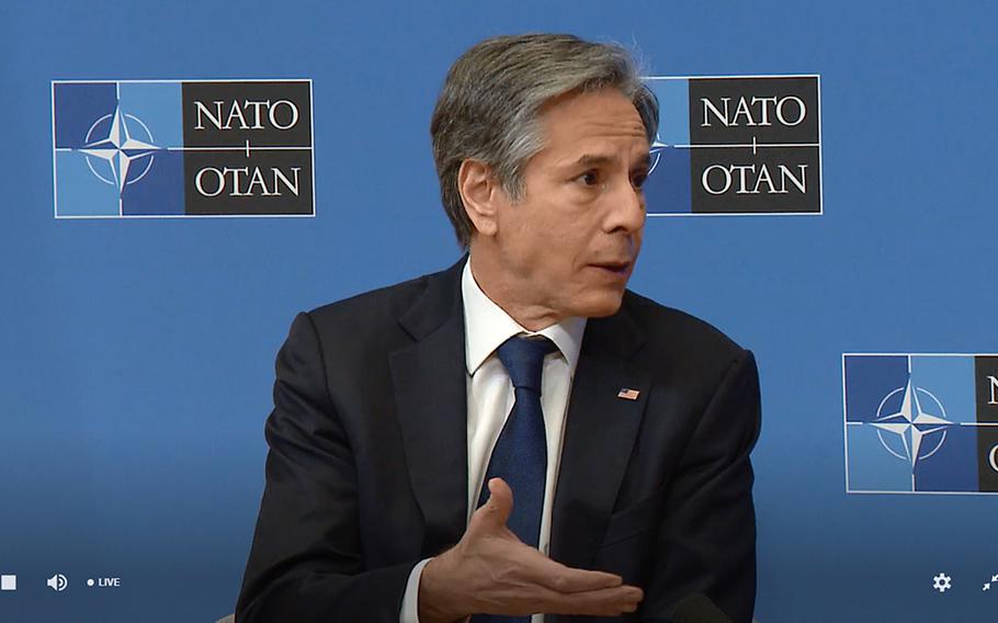 Secretary of State Antony Blinken speaks during a moderated discussion with NATO Secretary-General Jens Stoltenberg, March 23, 2021. Blinken is at NATO headquarters in Brussels for two days of talks with alliance foreign ministers.

