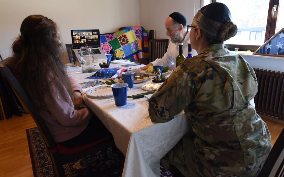 U.S. Air Force Maj. Sarah Schechter, 86th Airlift Wing staff chaplain, and her family lead a virtual Passover Seder from their home in Kaiserslautern, Germany, in 2020. Schechter had hoped to hold a small, in-person Seder this year, but again opted for a virtual service.
