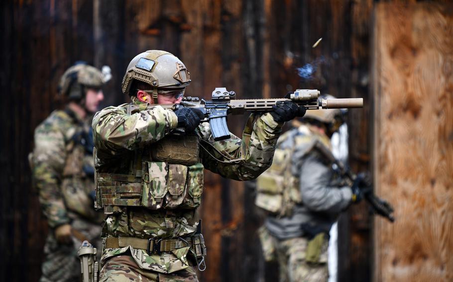 A U.S. soldier assigned to 10th Special Forces Group (Airborne) engages a target at a shooting range near Stuttgart, Germany, Jan. 28, 2020. Blood lead levels in special operations troops fell after the Army made several changes at firing ranges, a military medical study found.

