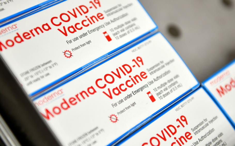 Boxes of Moderna COVID-19 vaccines at Aviano Air Base, Italy, in January 2021. The vaccination campaign for the U.S. military in Europe is lagging as the community waits to receive more vaccine.

