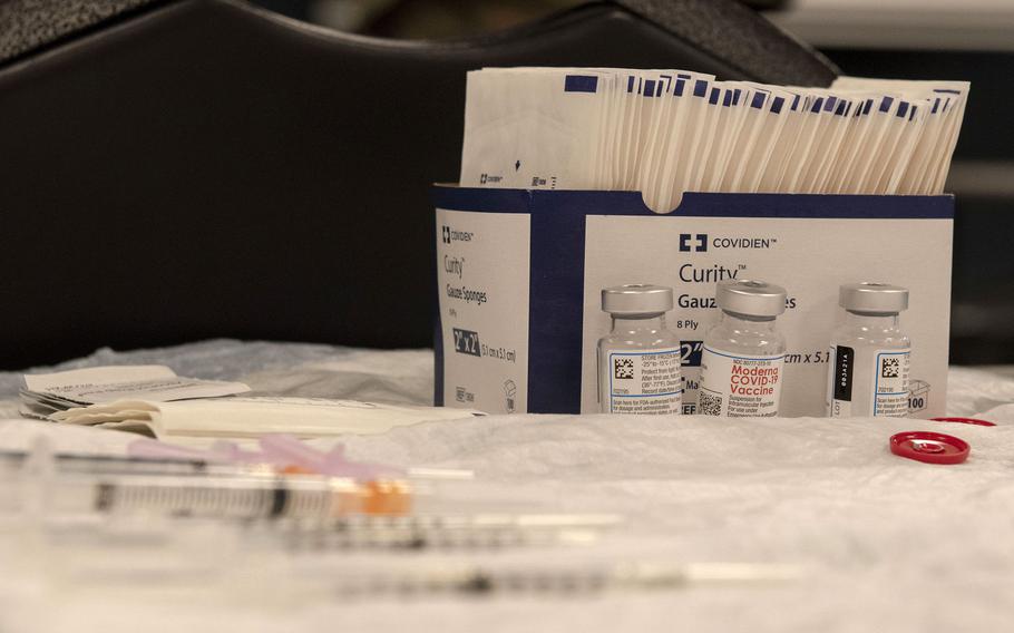 Doses of COVID-19 vaccine lay ready to be administered to members of the 701st Munitions Maintenance Squadron at Kleine Brogel Air Base, Belgium, in March 2021. The vaccination campaign for the U.S. military in Europe is lagging as the community waits to receive more vaccine.

