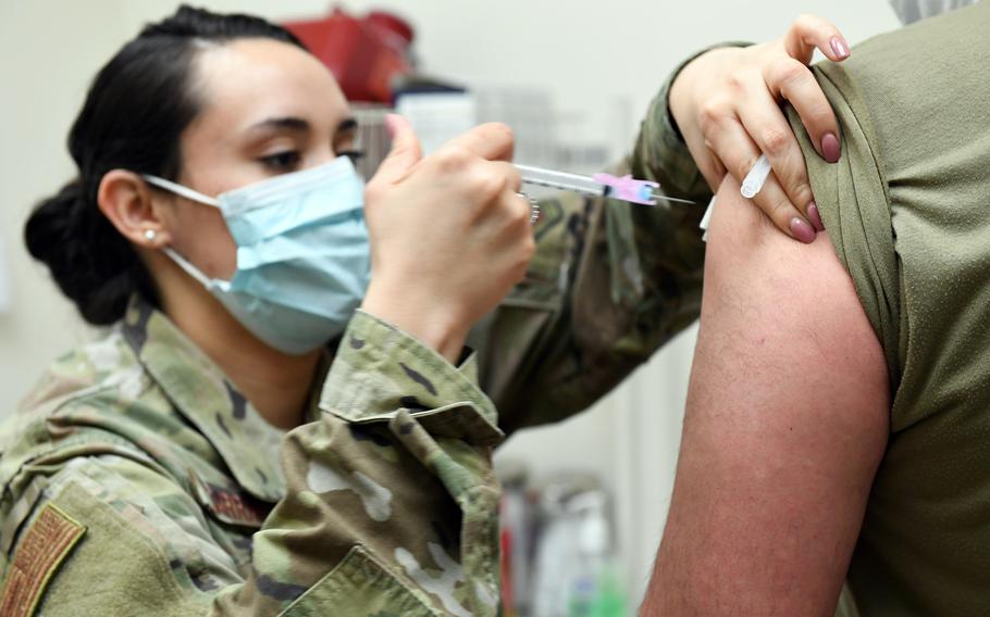 Air Force Staff Sgt. Kimberly Carranza, 31st Medical Group primary care supervisor, administers a COVID-19 vaccine at Aviano Air Base, Italy, Feb. 11, 2021. With 286 new coronavirus cases logged April 7, 2021, Friuli-Venezia Giulia, the region hosting the base, has topped 100,000 cases since the pandemic began.