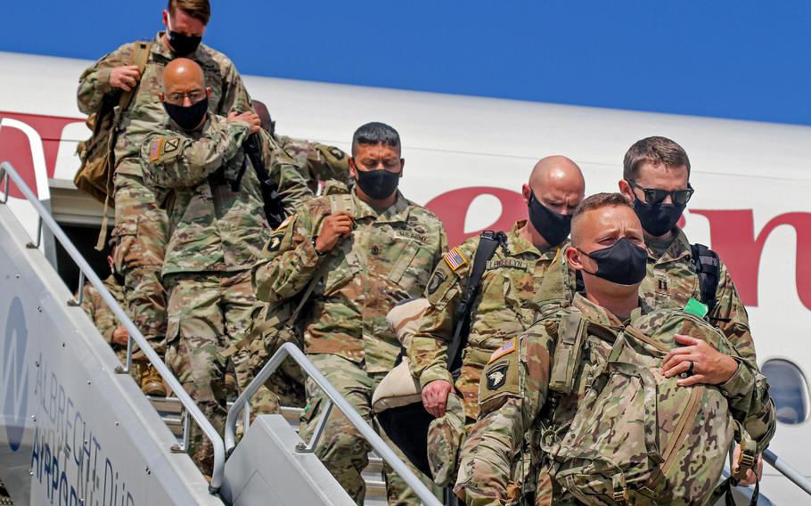 Soldiers of the 101st Airborne Division arrive at Albrecht Duerer Airport in Nuremberg, Germany in support of Operation Atlantic Resolve in June 2020. Defense Secretary Lloyd Austin announced during a visit to Berlin on April 13, 2021, that the U.S. will base an additional 500 troops in Germany.