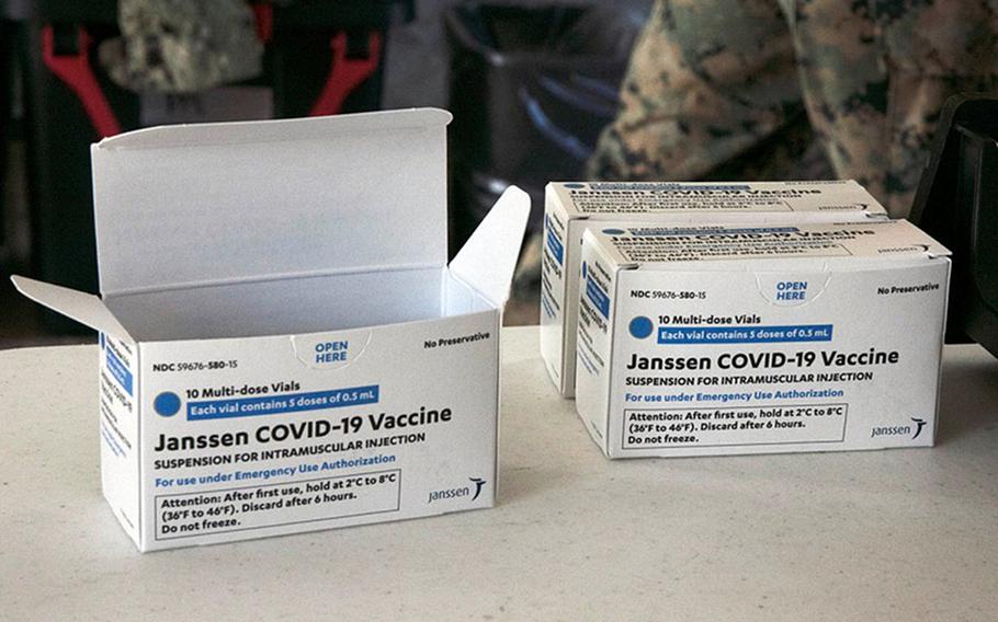 Vials of the one-shot Johnson & Johnson coronavirus vaccine at Naval Hospital Okinawa, Tuesday, April 13, 2021. The Pentagon has suspended use of the vaccine amid reports that it may cause rare blood clots.

