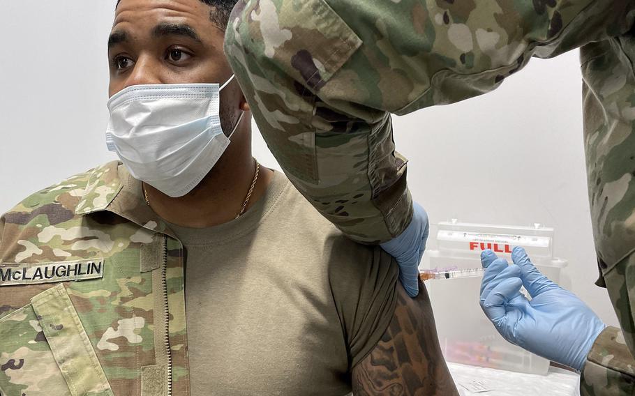 U.S. Army Reserve Staff Sgt. Terrence McLaughlin, 7th Mission Support Command, receives a COVID-19 vaccination at Rhine Ordnance Barracks in Kaiserslautern, Germany. The Pentagon suspended use of the single-dose Johnson & Johnson vaccine on April 12, 2021, amid reports that it may cause rare blood clots.
