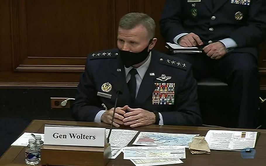 U.S. European Command's Gen. Tod D. Wolters testifies before a U.S. House Armed Services Committee hearing April 15, 2021. The Defense Department has been slow to send coronavirus vaccines to Europe, but Wolters said he expected a much larger supply in the coming weeks.  


