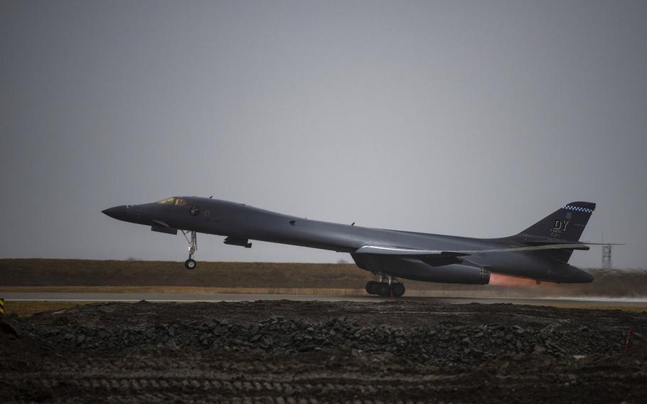 A B-1B Lancer from the 9th Expeditionary Bomb Squadron takes off from Orland Air Force Station, Norway, March 23, 2021. The U.S. signed a revised defense cooperation agreement with Norway April 16, 2021, which will allow the U.S. to build facilities at four bases in the country.