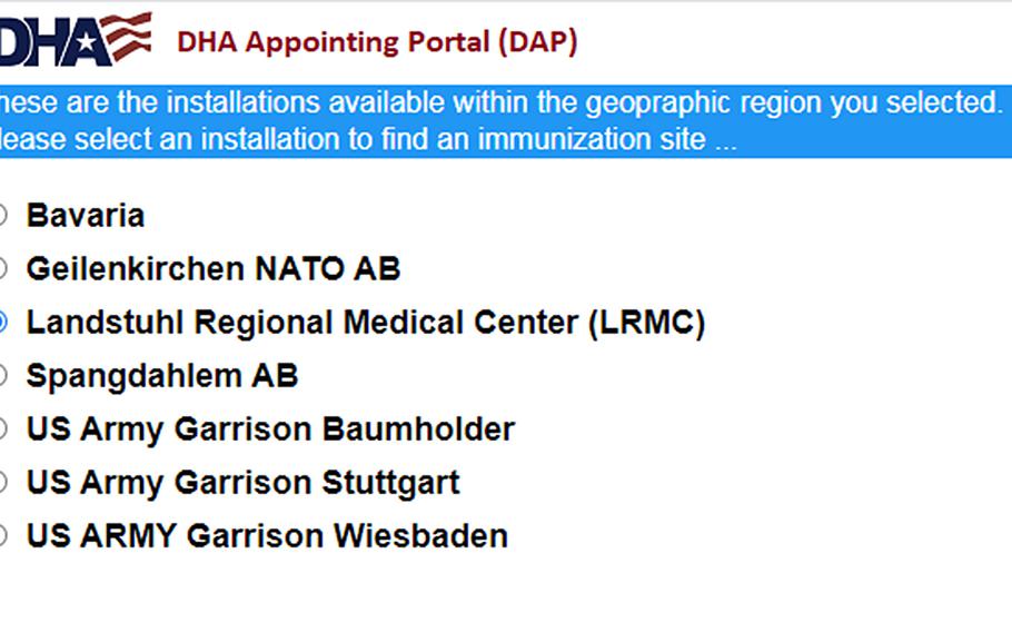 The Defense Health Agency's portal for making coronavirus vaccination appointments list several U.S. bases in Germany. Some U.S. military bases opened vaccinations to all tiers of eligible beneficiaries Monday, but few had available appointments. 


