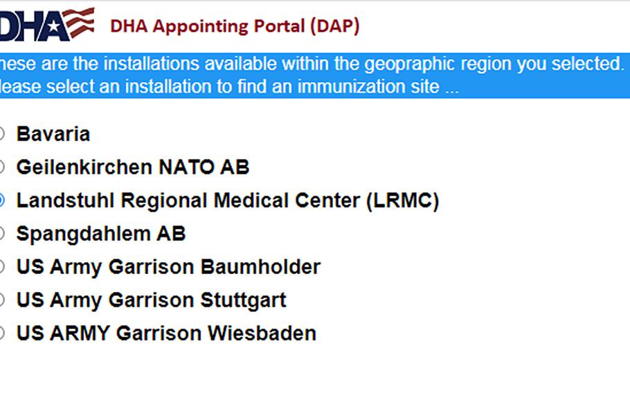 The Defense Health Agency's portal for making coronavirus vaccination appointments list several U.S. bases in Germany. Some U.S. military bases opened vaccinations to all tiers of eligible beneficiaries Monday, but few had available appointments. 


