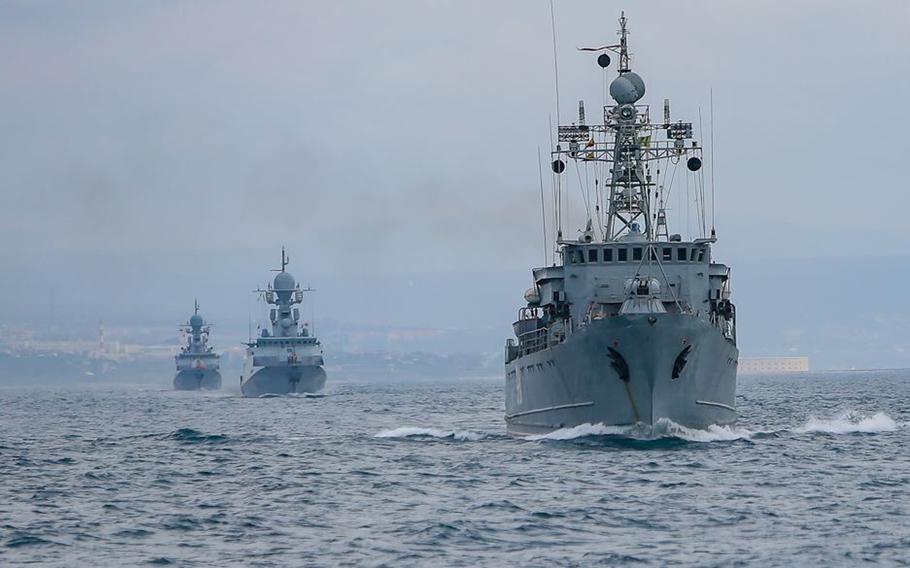 Russian Black Sea fleet ships go to sea during the winter training period. The Pentagon says Russia's military presence around Ukraine is now larger than the force used during Moscow's 2014 invasion of that country.

