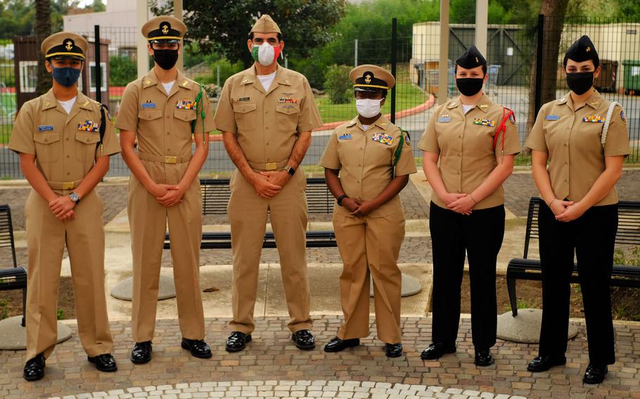 The Sigonella High School team of Norman Nguyen, Noah Bachicha, adviser and retired Senior Chief Petty Officer Victor Martinez, Eliza Moore, Allison Havard and Katherine Payne, from left, has taken top prize in the 2021 Navy Junior Reserve Officer Training Corps academic competition.