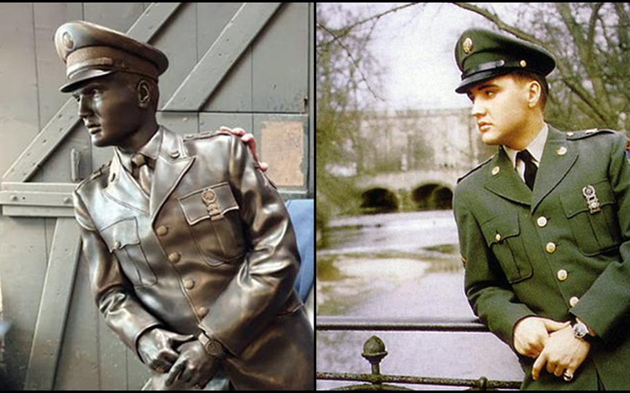 An Elvis statue and a photo of Elvis in 1959 are shown side-by-side.The leaning Elvis Presley statue is going to be placed on a city bridge in Bad Nauheim, Germany, mimicking a photo from the time the King was living there in the late 1950s.
