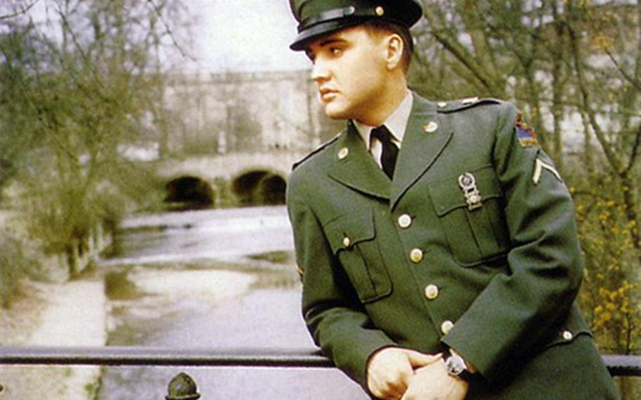 Elvis Presley poses on a bridge in Bad Nauheim, Germany in 1959, while serving in the Army. The city is placing a statue of Presley on the bridge later this year, standing in the same pose.

