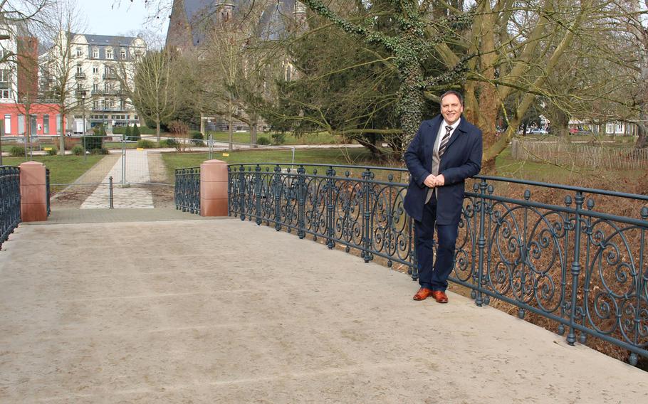 Bad Nauheim, Germany, Mayor Klaus Kress stands on a city bridge, where a statue of Elvis Presley is going to be installed later in 2021. Presley lived in Bad Nauheim while he was serving in the U.S. Army in nearby Friedberg.

