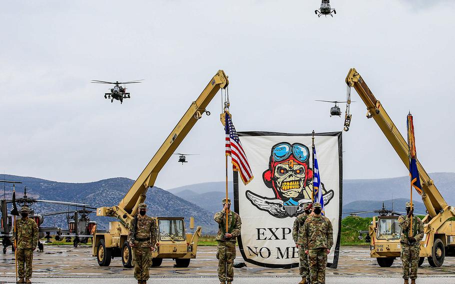 Members of the ''No Mercy'' 1st Battalion, 101st Combat Aviation Brigade, participate in a change of command ceremony in Stefanovikio, Greece, Nov. 11, 2020. About 40 members of the battalion went on an official trip in September to Gdansk, Poland, where several leaders went to an off-limits strip club and a major who was likely drugged went missing until the next day, an Army investigation found.

