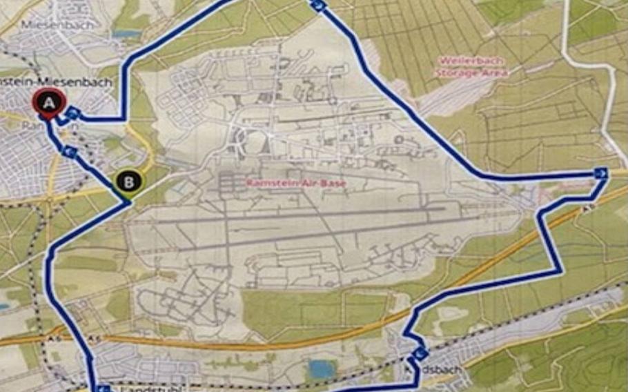 The route around Ramstein Air Base, Germany, that activists plan to take during a bicycle protest on April 30 and May 1, 2021, against the base's military operations.
