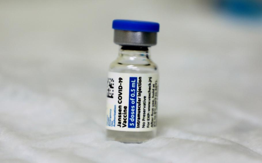 A five-dose vial of the Johnson and Johnson COVID-19 vaccine. Base health clinics in Europe began administering the one-dose vaccine again in April after a pause to allow officials to investigate reports of rare but potentially dangerous blood clots associated with the vaccine.