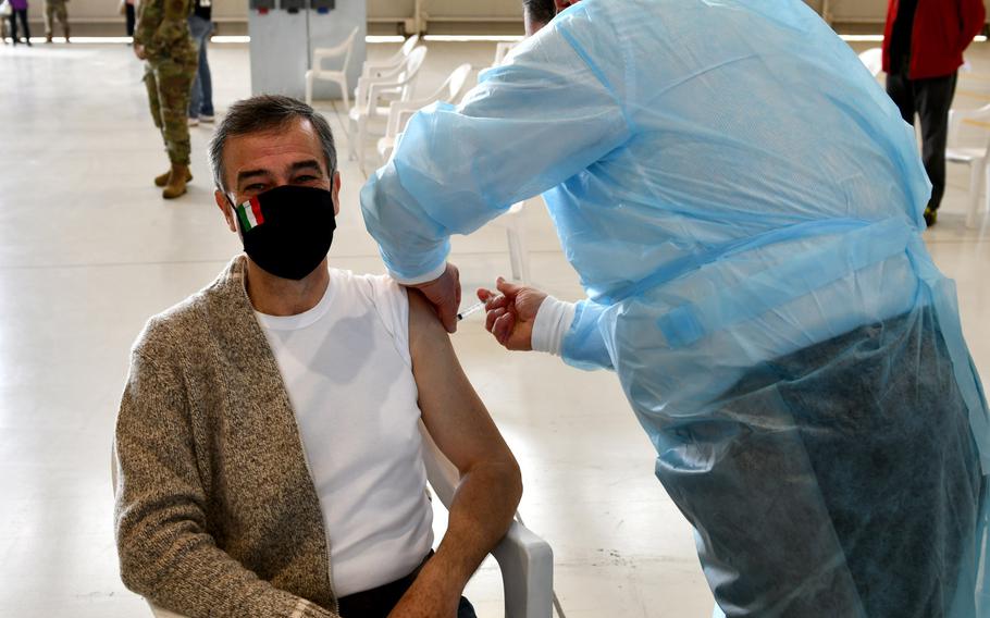 Roberto Chipolat, 31st Civil Engineer Squadron heating, ventilation and air conditioning flight supervisor, receives the Moderna COVID-19 vaccine at Aviano Air Base, Italy, April 30, 2021. The base opened vaccinations to local national employees aged 60 and older on April 30, 2021. 

