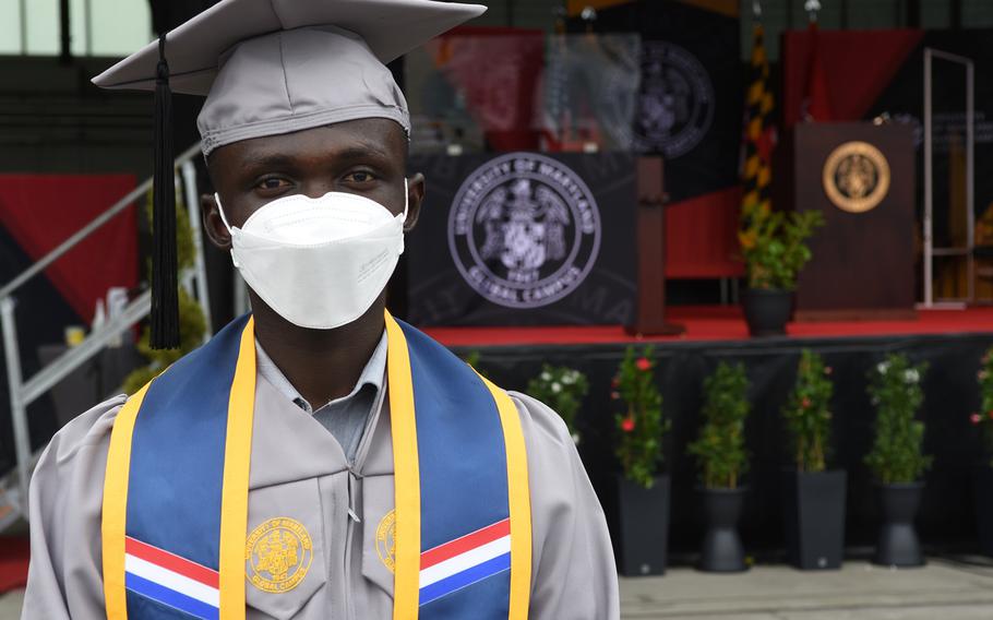 Army Spc. Joseph Yeboah, a combat engineer in Grafenwoehr, Germany, earned an associate’s degree in computer science. He was one of 120 graduates from the University of Maryland Global Campus Europe to attend the class of 2021 commencement ceremony on Saturday, May, 1, 2021, in Wiesbaden, Germany.