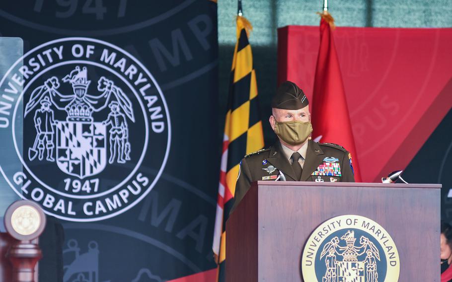 Army Gen. Christopher Cavoli, the commander of U.S. Army Europe and Africa, was the keynote speaker for the class of 2021 University of Maryland Global Campus Europe commencement on Saturday, May 1, 2021, in Wiesbaden, Germany.