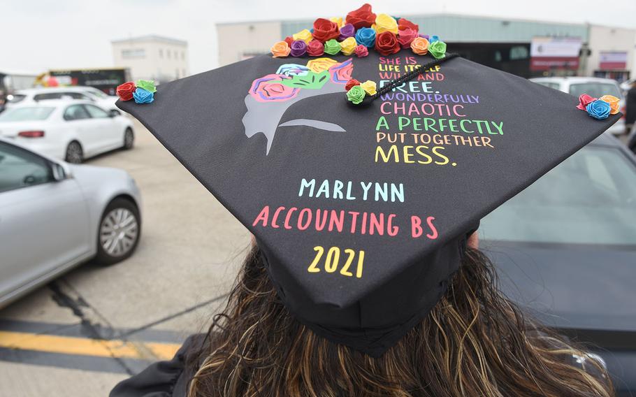 Marlynn Cruz, an Air Force master sergeant at Ramstein Air Base, Germany, decorated her graduation cap for the University of Maryland Global Campus Europe's commencement ceremony for the class of 2021 on Saturday, May 1, 2021.