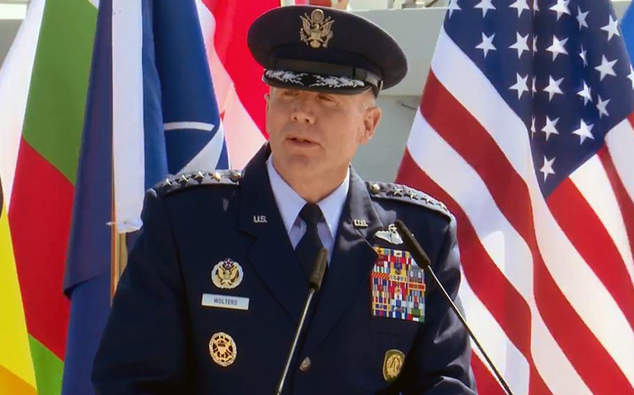 Gen. Tod Wolters, commander of U.S. European Command, speaks at the Defender-Europe 21 opening ceremony in Durres, Albania, May 4, 2021. About 28,000 troops from 26 countries are taking part in the exercise.

