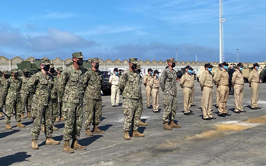 Service members stand in formation at the Defender-Europe 21 opening ceremony in Durres, Albania, May 4, 2021. About 28,000 troops are taking part in the exercise in various countries in central, southern and Eastern Europe, and northern Africa.

