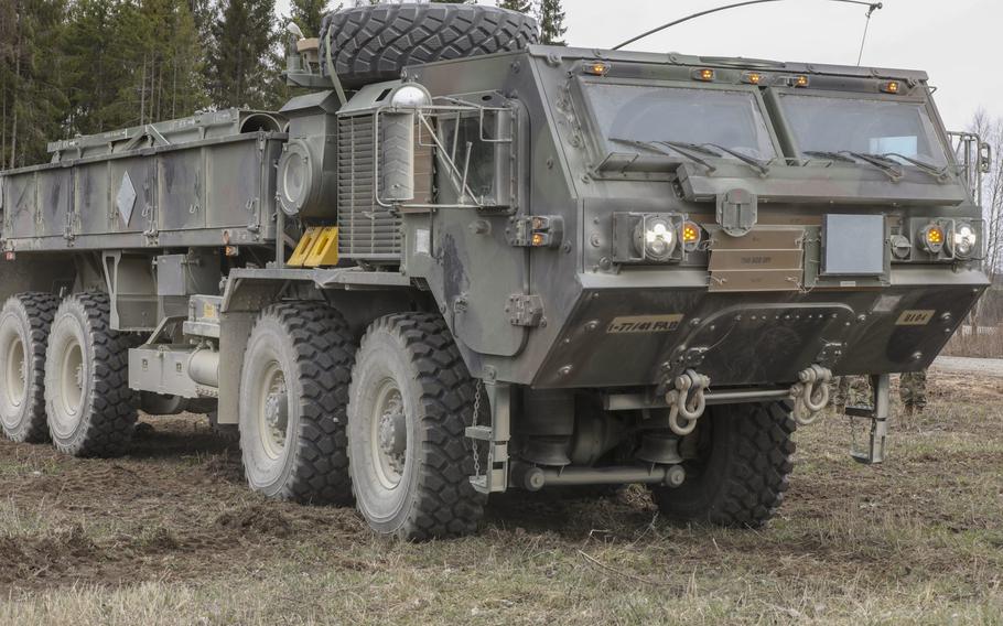 A heavy expanded mobility tactical truck associated with Bravo Battery, 1st Battalion, 77th Field Artillery Regiment, 41st Field Artillery Brigade, is positioned on Tapa Central Training Area, Estonia, for an exercise in support of Defender-Europe 21, May 3, 2021. 
