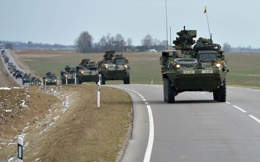 Strykers of the 2nd Cavalry Regiment convoy through Lithuania towards the Polish border in 2015. The U.S. has joined a European Union effort to consider ways to move troops across European national borders faster.

